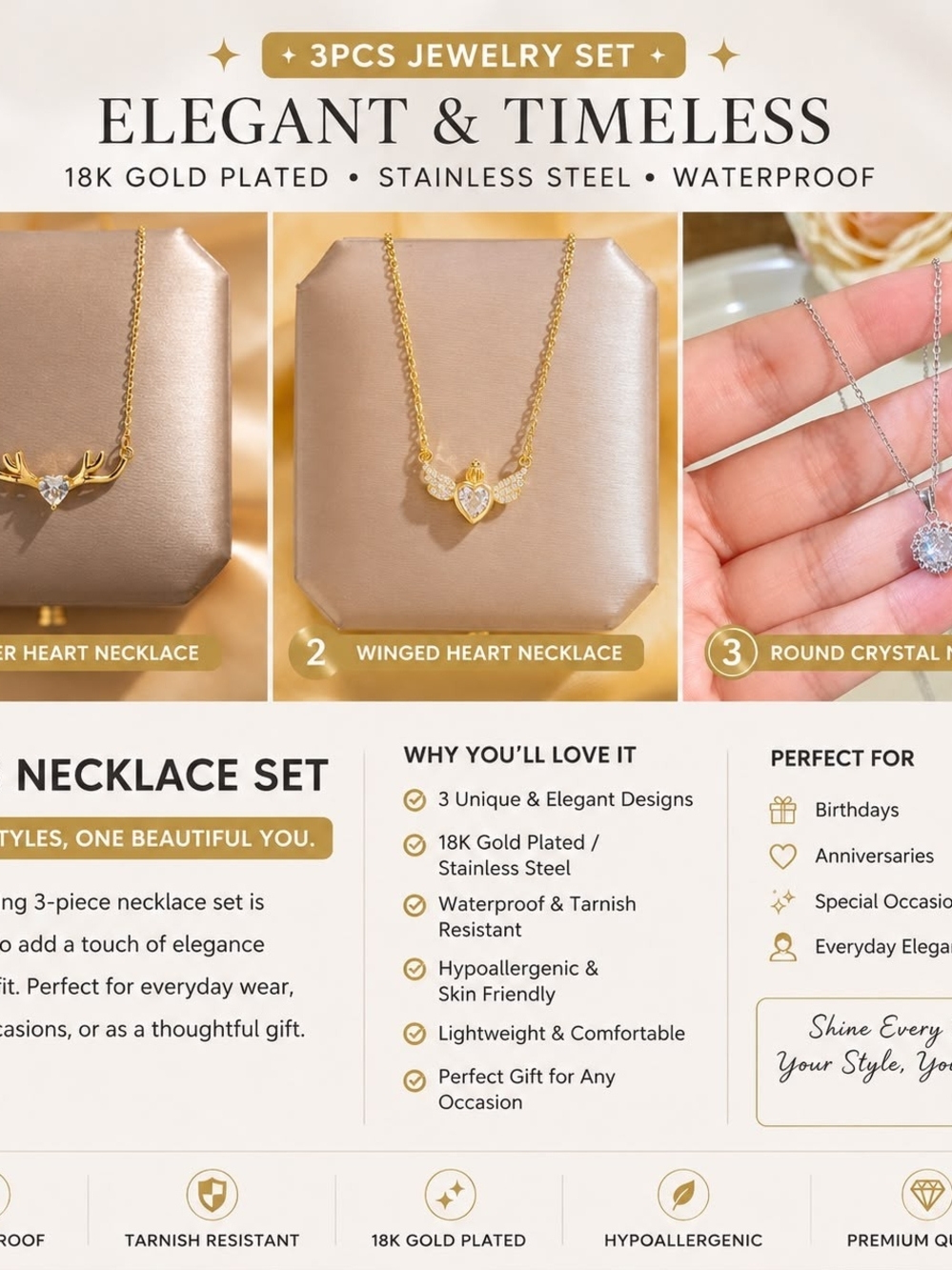 3-Piece Women's Gold Necklace Set – Winged Heart, Antler Heart & Round Crystal